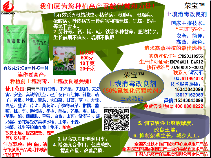 榮寶（氰氨化鈣）顆粒殺菌劑，土壤消毒、緩釋氮鈣營(yíng)養(yǎng)、肥料增效、土壤改良四效合一，殺滅根結(jié)線(xiàn)蟲(chóng)，防治根腫病、根腐病、枯萎病、流膠病、蓮藕腐敗病等土傳病害，殺滅福壽螺、釘螺等地下害蟲(chóng)，解決連作障礙